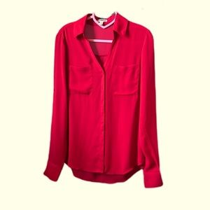 Red Sheer Fitted Button Up Long Sleeve Blouse by Express size XS Valentines Day